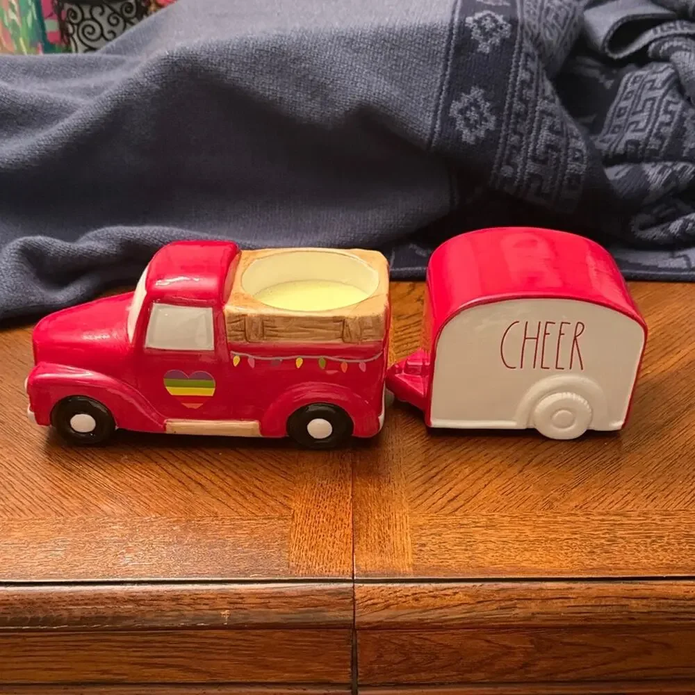 Rae Dunn Cheer Red Ceramic Toy Truck and Trailer Candle